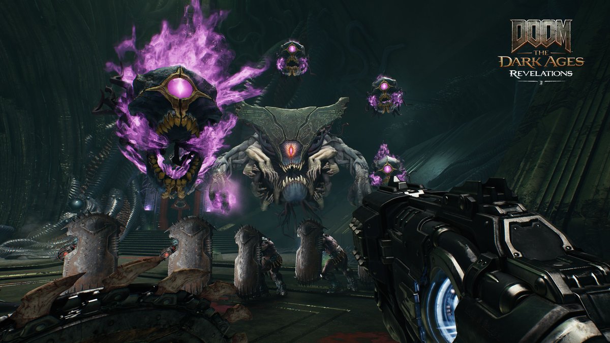 A towering cosmic demon from DOOM: The Dark Ages Revelations looms in a fiery battlefield