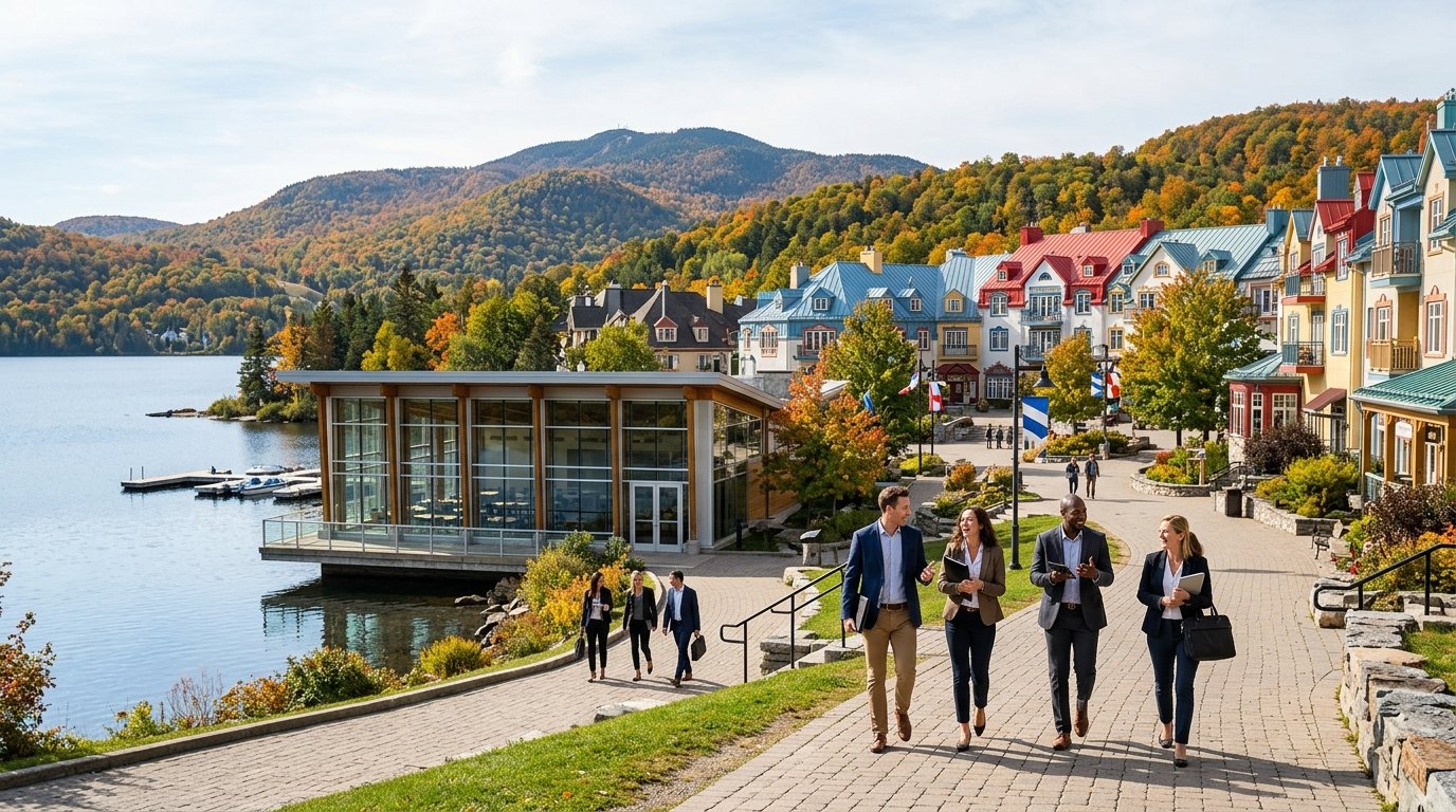 Stylized Laurentian mountain resort village with a conference pavilion and colleagues walking near a lake