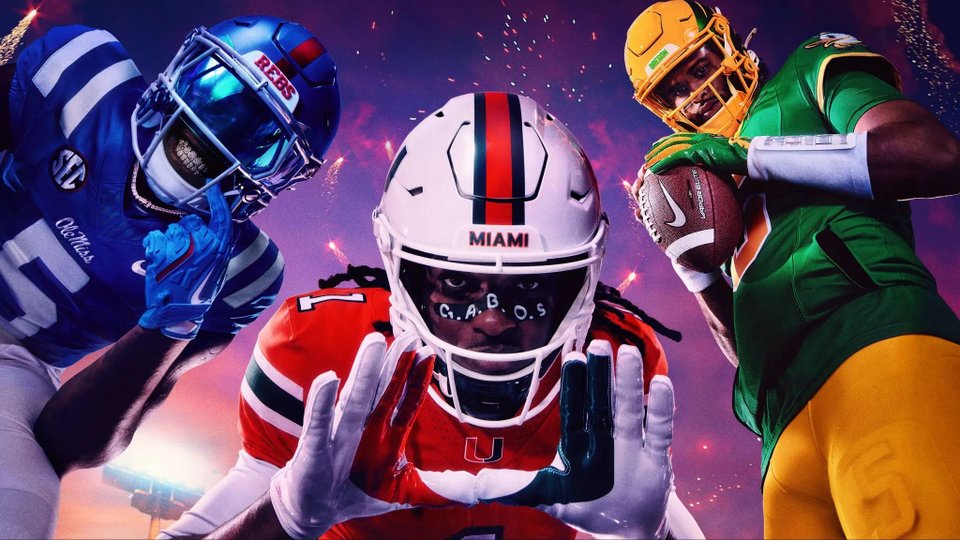 Three college football players pose in a dramatic EA Sports College Football 27 promotional image with fireworks behind them.