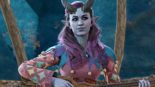 Tiefling bard Alfira with purple hair and horns holding a lute in Baldur’s Gate 3.