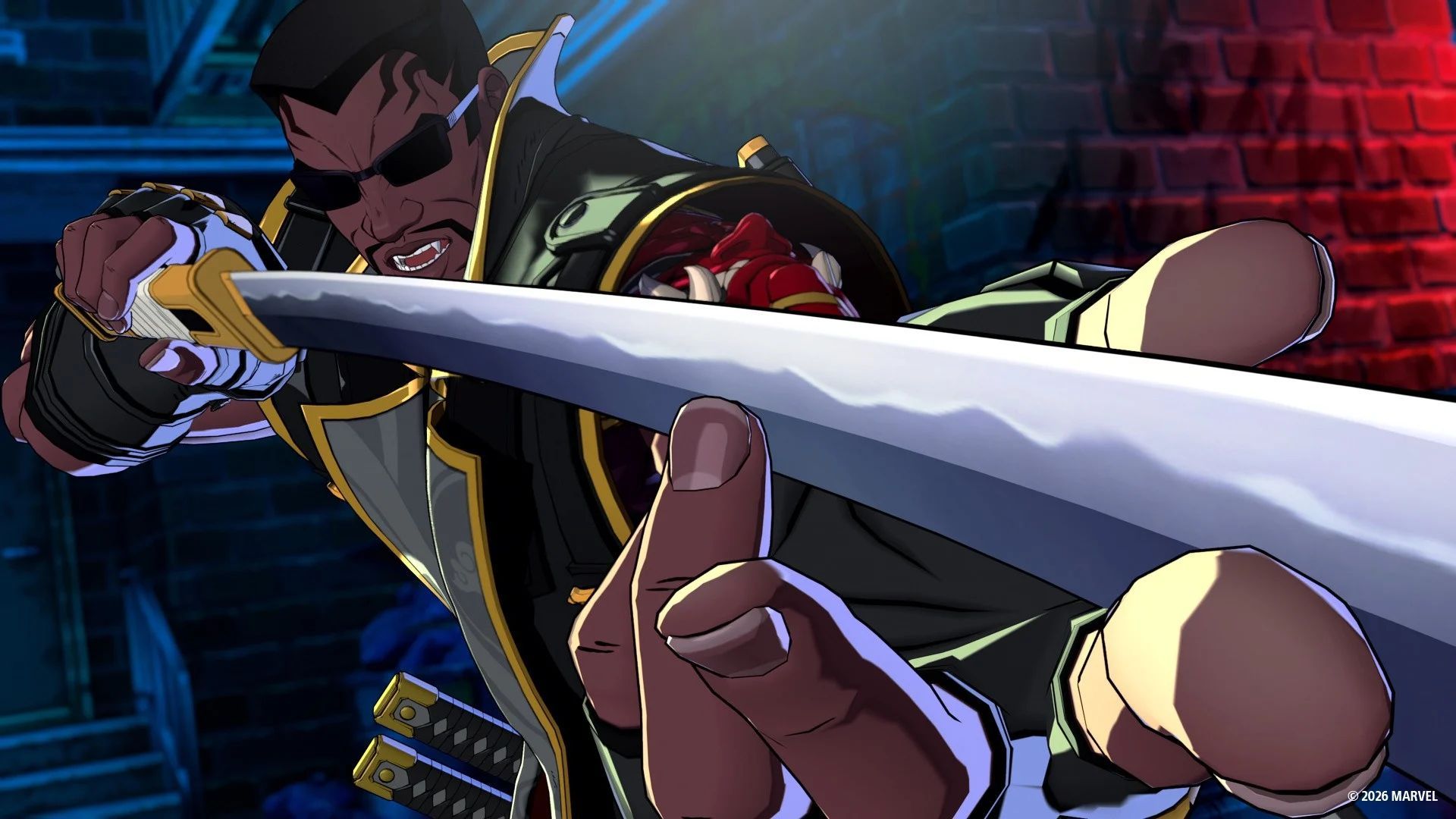 Blade, wearing sunglasses, thrusts a katana toward the viewer in a stylized Marvel fighting game scene.