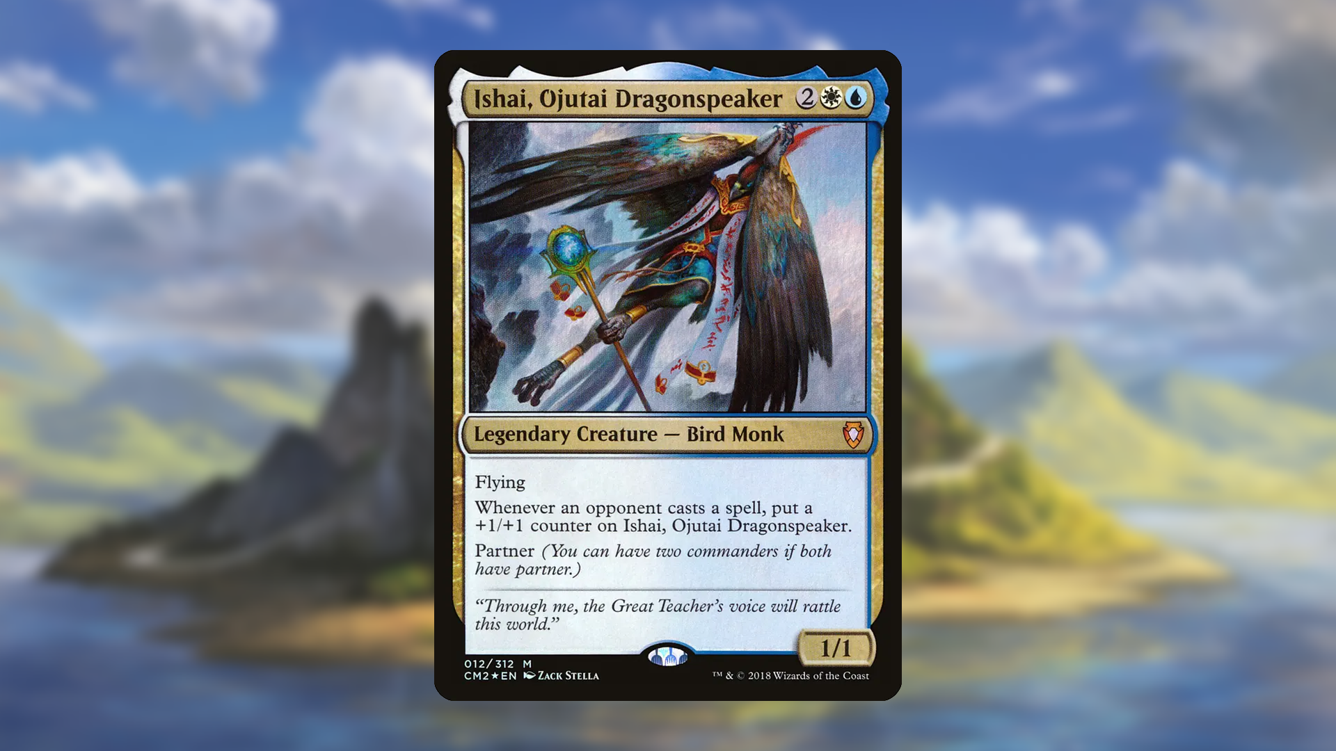 Magic: The Gathering card &ldquo;Ishai, Ojutai Dragonspeaker&rdquo; centered on a blurred landscape background.
