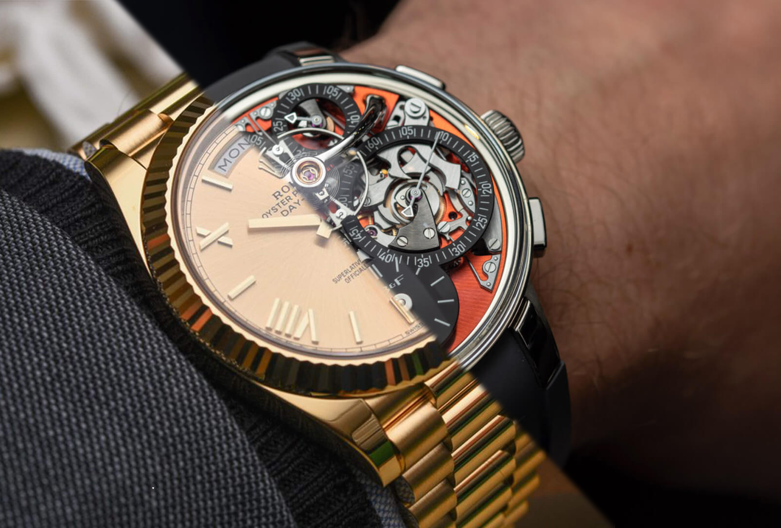 Split-view luxury wristwatch on the wrist showing a gold bracelet, dial detail and exposed mechanical movement