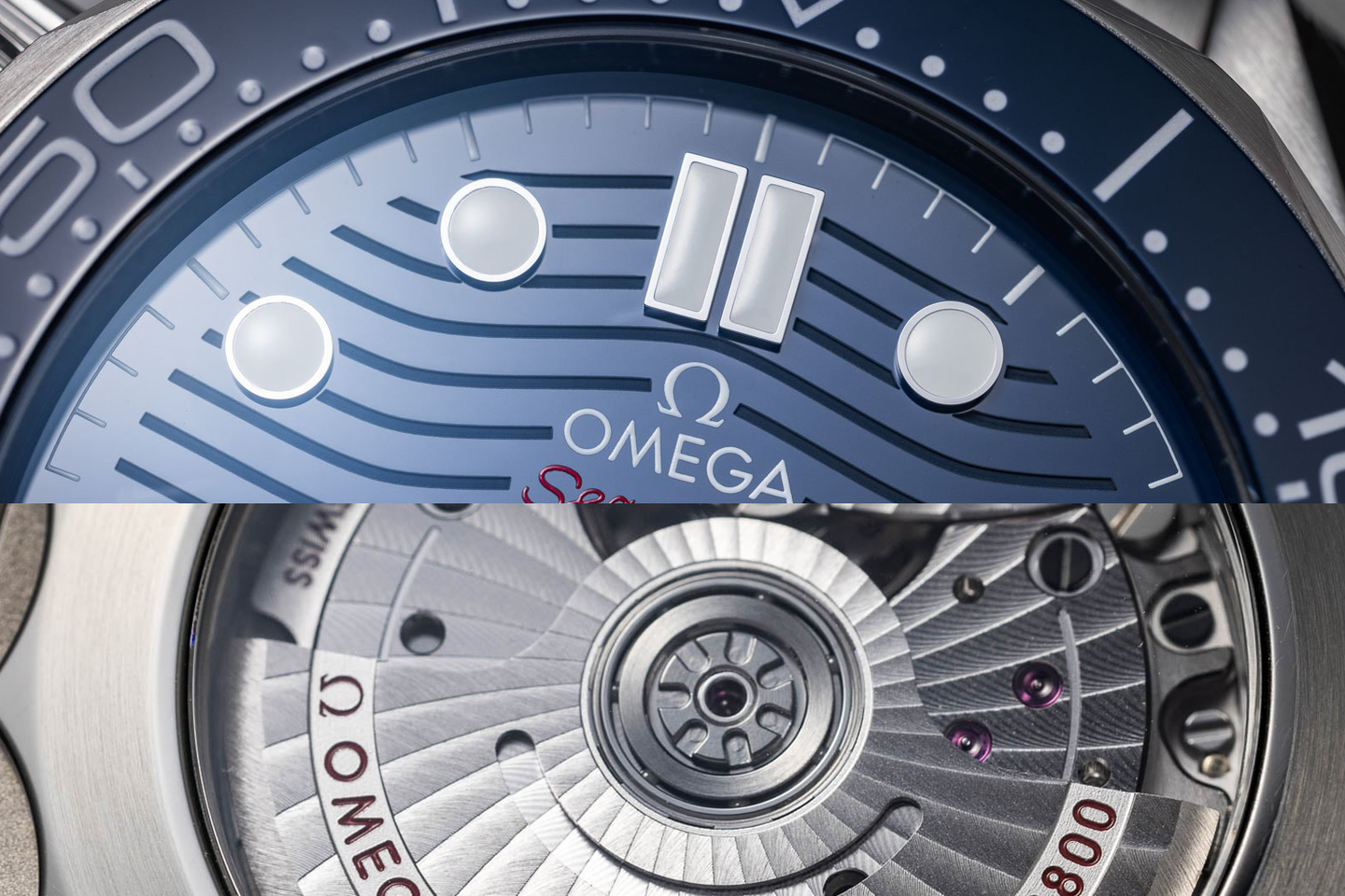 Macro views of an Omega Seamaster Professional Diver 300M dial and caliber 8800 movement