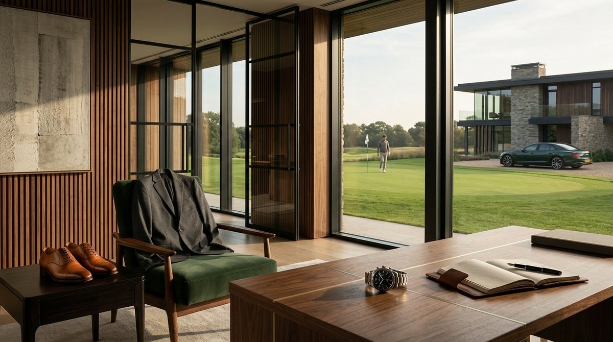 Luxury lifestyle spread featuring an executive office, tailored style, watches, golf, and a performance car