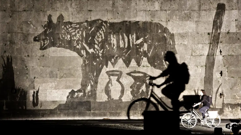 Rome street art of the she-wolf with a cyclist passing in shadow, setting a nocturnal and literary mood for a walk through the city.