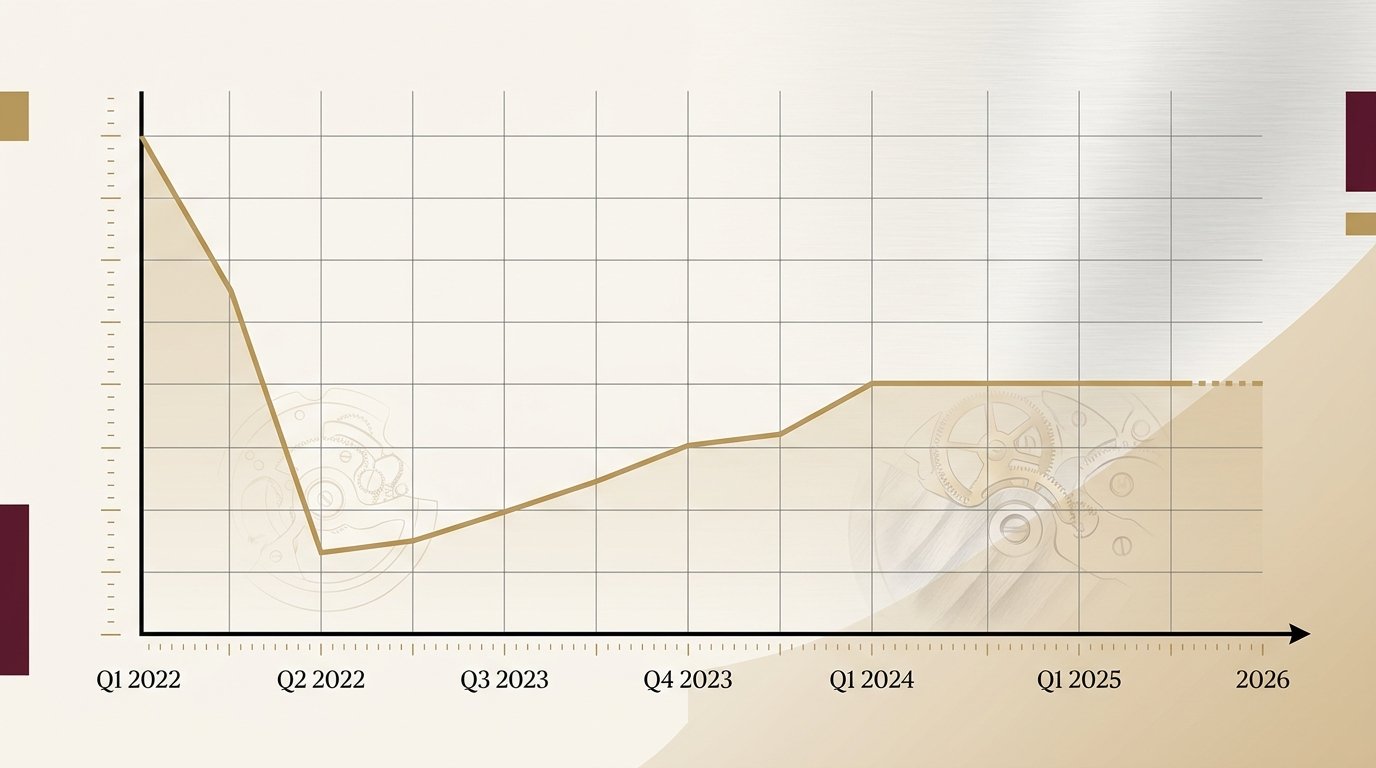 Stylized Rolex price graph showing a Q1 2022 peak, Q2 2022 crash, and gradual three-year recovery to a stable mid-level plateau.