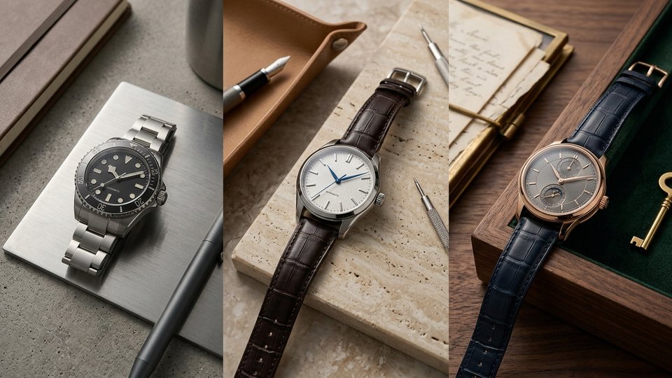 Three-watch collection arranged to represent the $5,000, $25,000 and $100,000 watch portfolios